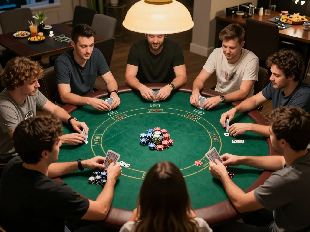 Players engaging in competitive poker at home, showcasing Garansi Kekealahan concept through lively atmosphere.