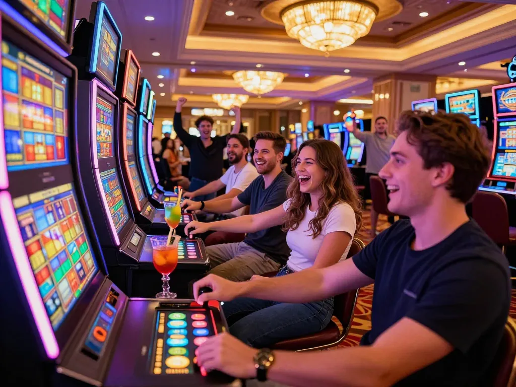 Exciting nổ hũ gaming scene in a vibrant casino with players and colorful lights.
