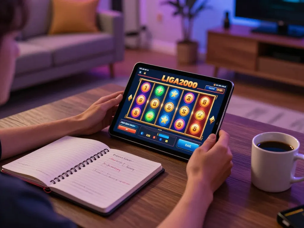 LIGA2000 player engaging with online slots on tablet in cozy home environment.