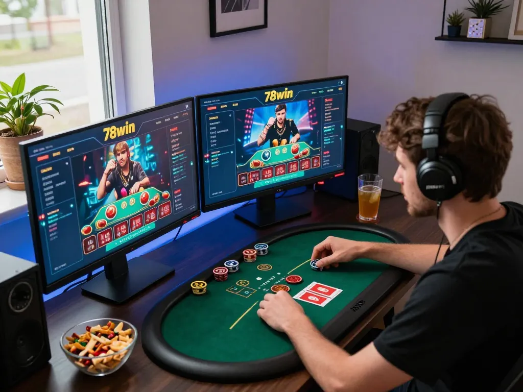 Player engaging with the 78win casino interface on dual monitors during an exciting gaming session.