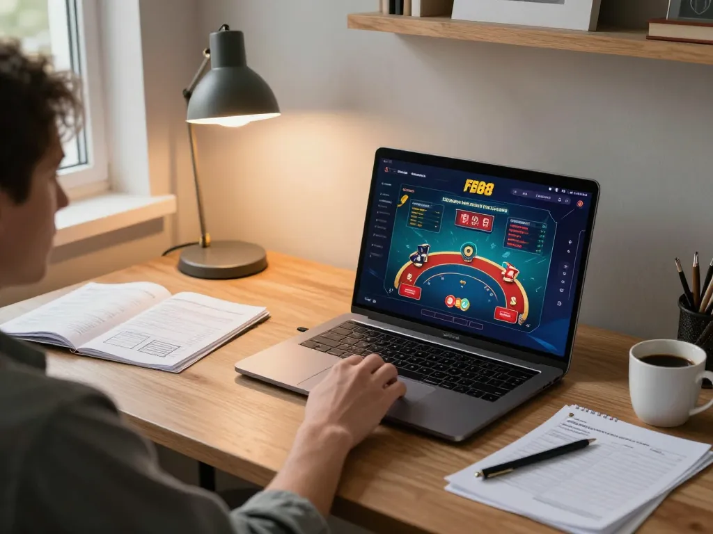 Player strategizing while gaming on FB88 online casino platform from a cozy home office.