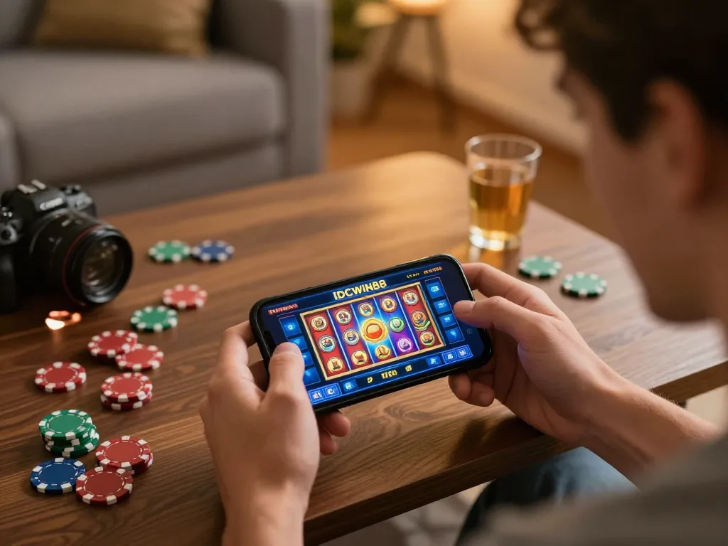 Player engaging with IDCWIN88 app in cozy home setting, showcasing strategic slot gameplay.