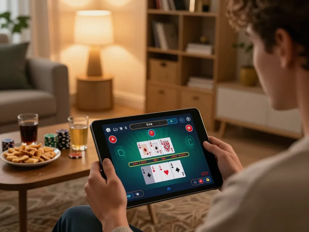 MPOID player enjoying online blackjack at home, showcasing vibrant tablet interface with chips and cards.