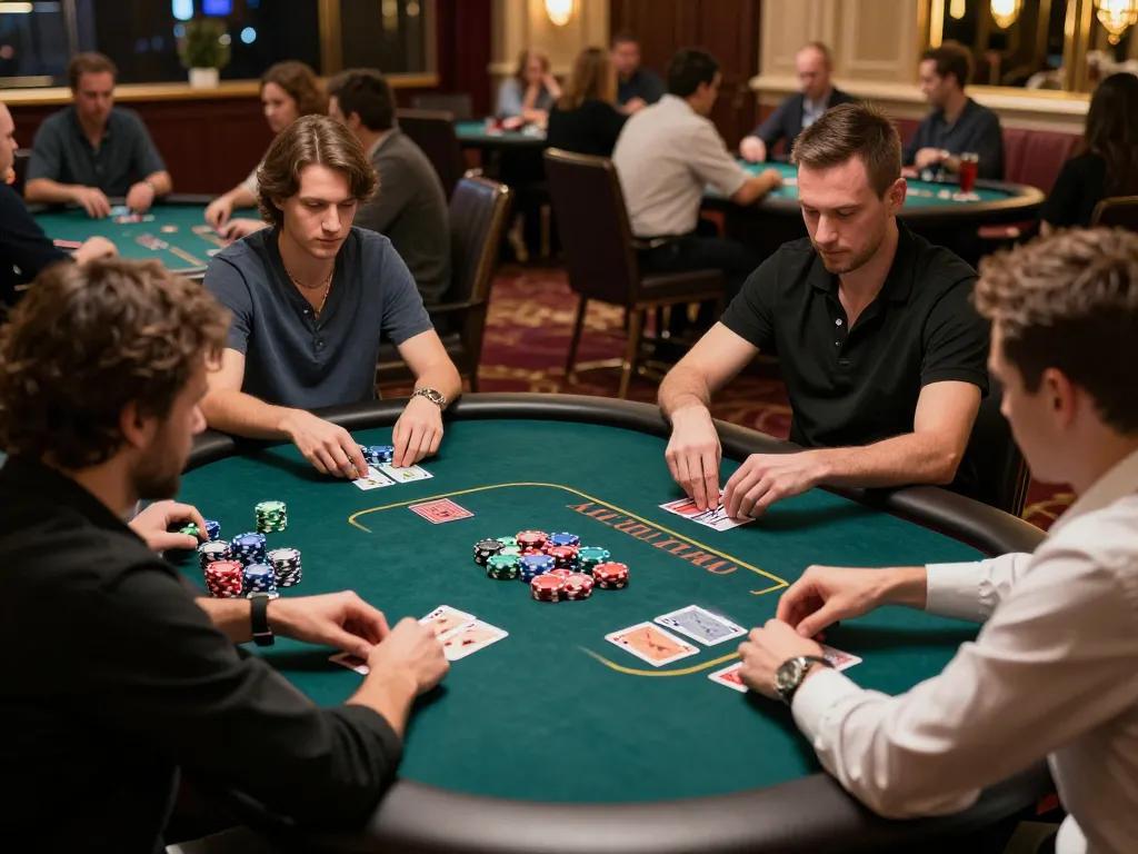 Players engaged in strategic gameplay at BERLIAN889 casino tables, emphasizing intense poker action.