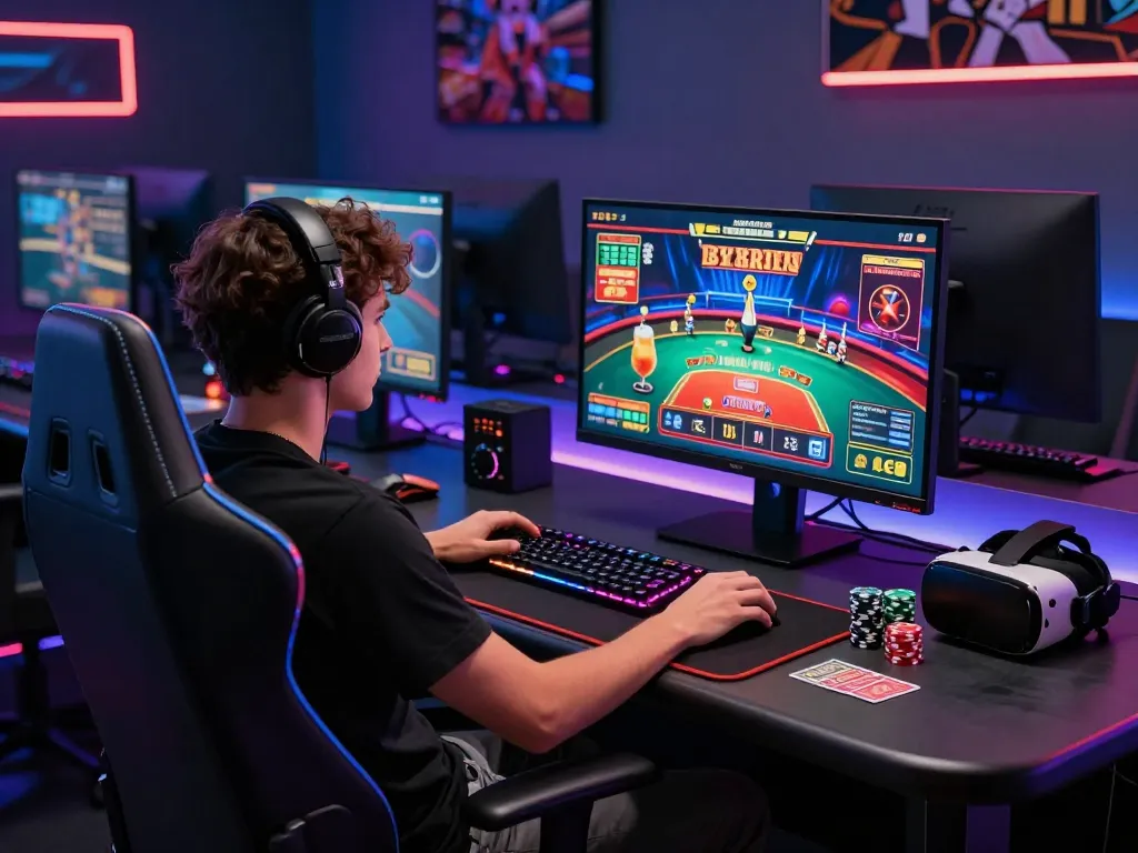 Engaging online gambling scene featuring WOLES88 player in immersive gaming setup.