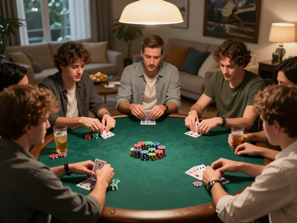 Malam poker di rumah yang menarik menampilkan sekelompok teman bermain, menyoroti strategi situs slot gacor.