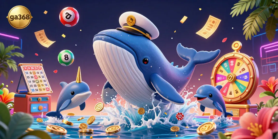 Win exciting moments with ga368 as a colossal whale joins playful dolphins in a vibrant gambling scene.