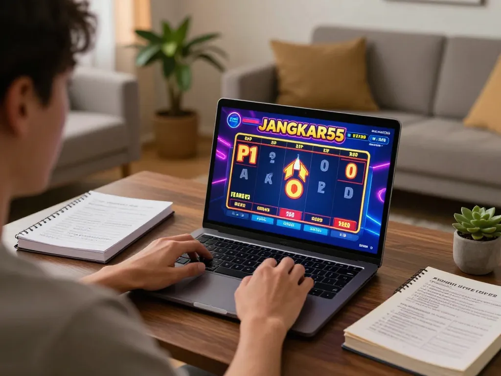 Experience JANGKAR55 gaming insights with an engaging player using a laptop at home