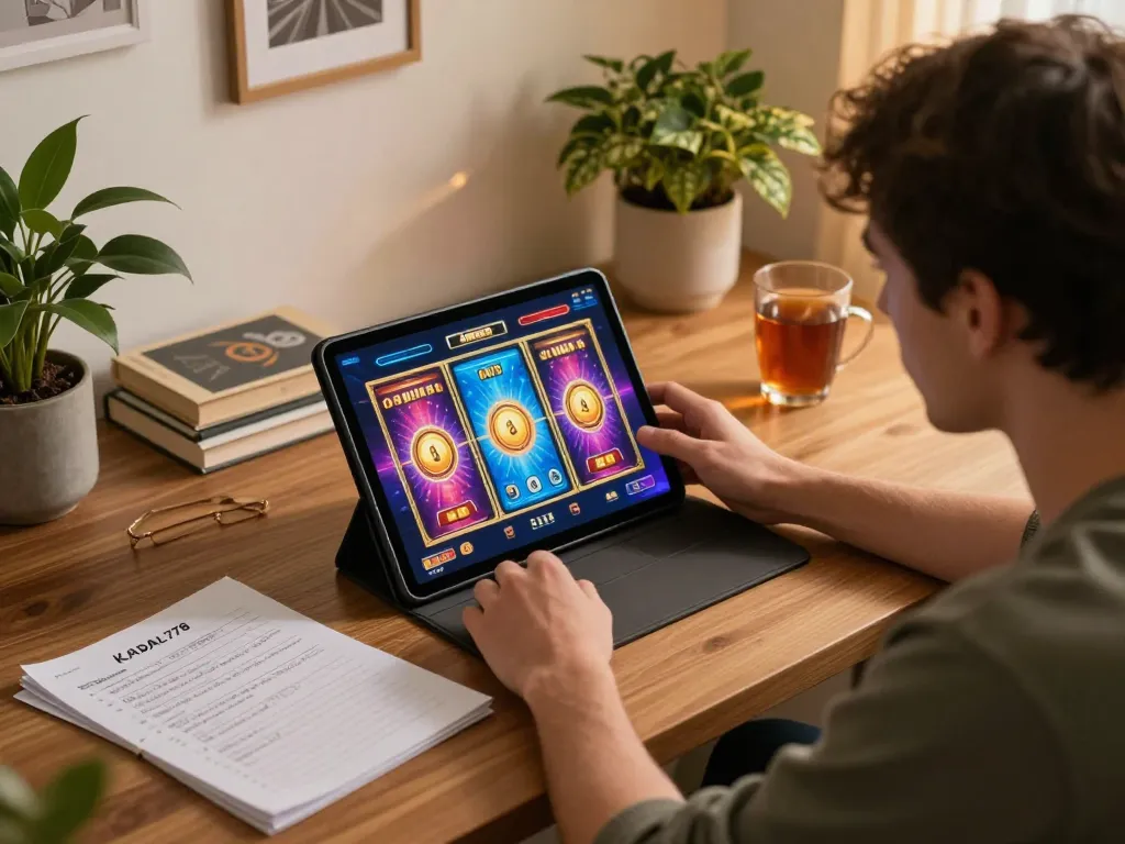 KADAL778 player enjoying online slot gaming on tablet in a cozy home setup.