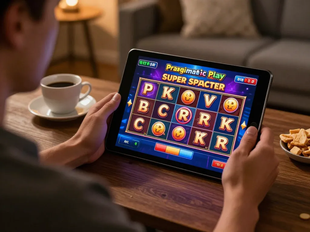 UGDEWA player enjoying Pragmatic Play Super Scatter slot on tablet in cozy home setup.
