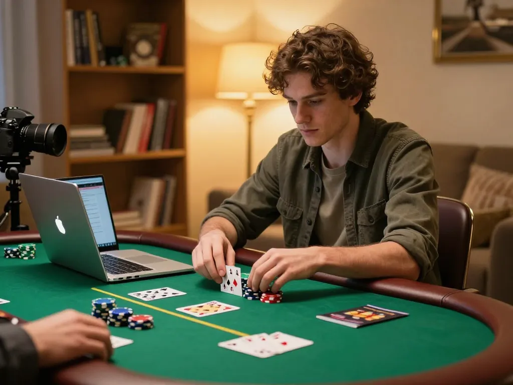 Nego77 player analyzing hand during an online poker game at home, chips and strategy guides in view.