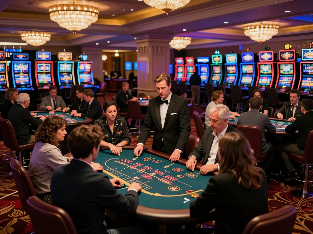 players engaged in strategic gameplay at lucks8 casino, vibrant atmosphere, dynamic bets