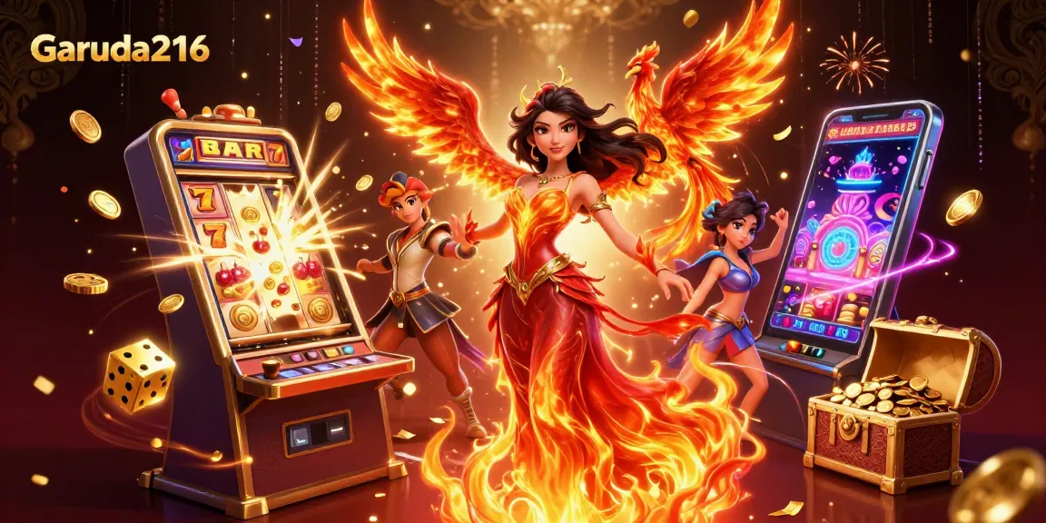 Experience Garuda216's thrilling casino excitement with vibrant illustrations of games and jackpots.