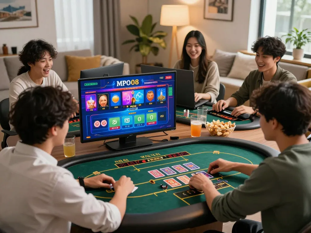 MPO08 players celebrating wins at an online casino game interface in a cozy home setting