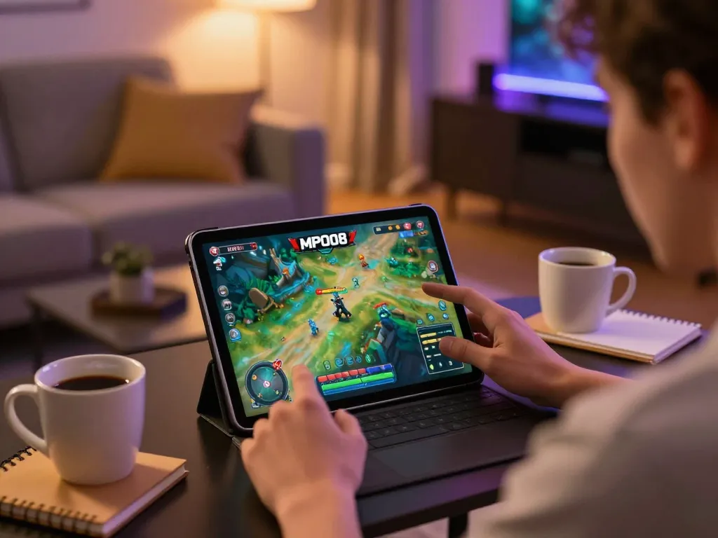 MPO08 online gaming experience with user interacting with tablet gaming interface in a cozy home setting.