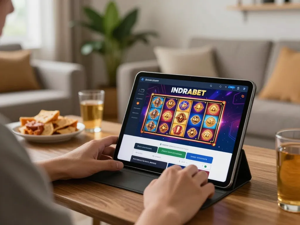 Engaging moment of INDRABET login on tablet during online slot gaming session