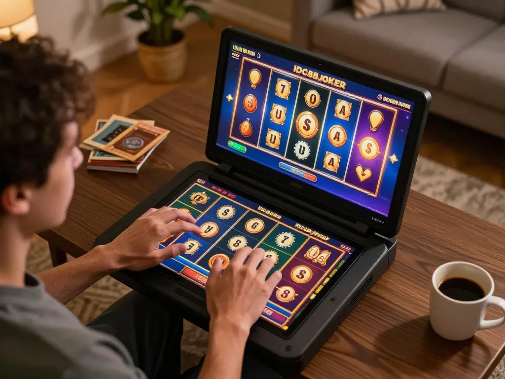 Playing exciting slot games with IDC88JOKER on a tablet in a cozy home setting, showcasing the thrill of online gambling.