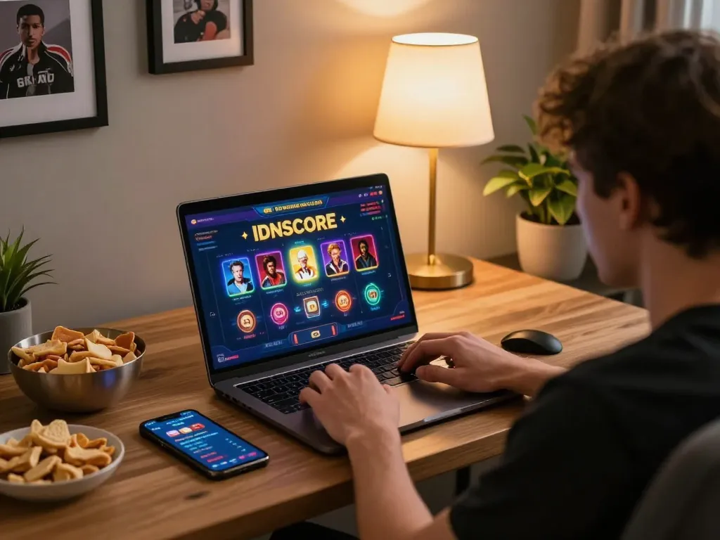 IDNSCORE online player engaged in gameplay strategy at modern home setup with vibrant casino graphics.