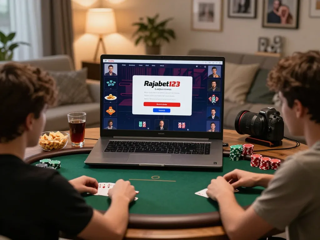 Engaging scene of players using Rajabet123 Login for online poker in a cozy home setting, enjoying snacks and drinks.