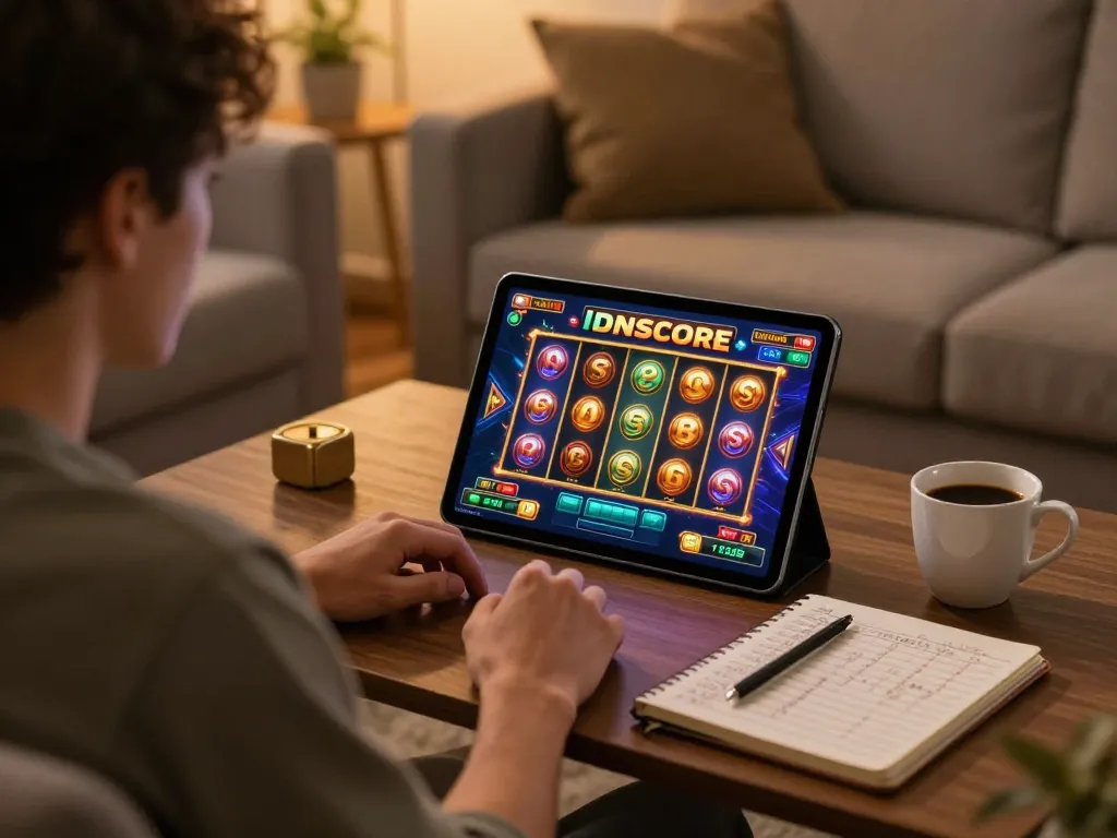IDNSCORE player engaging in a dynamic slot game on a tablet, showcasing vibrant graphics in a cozy environment.