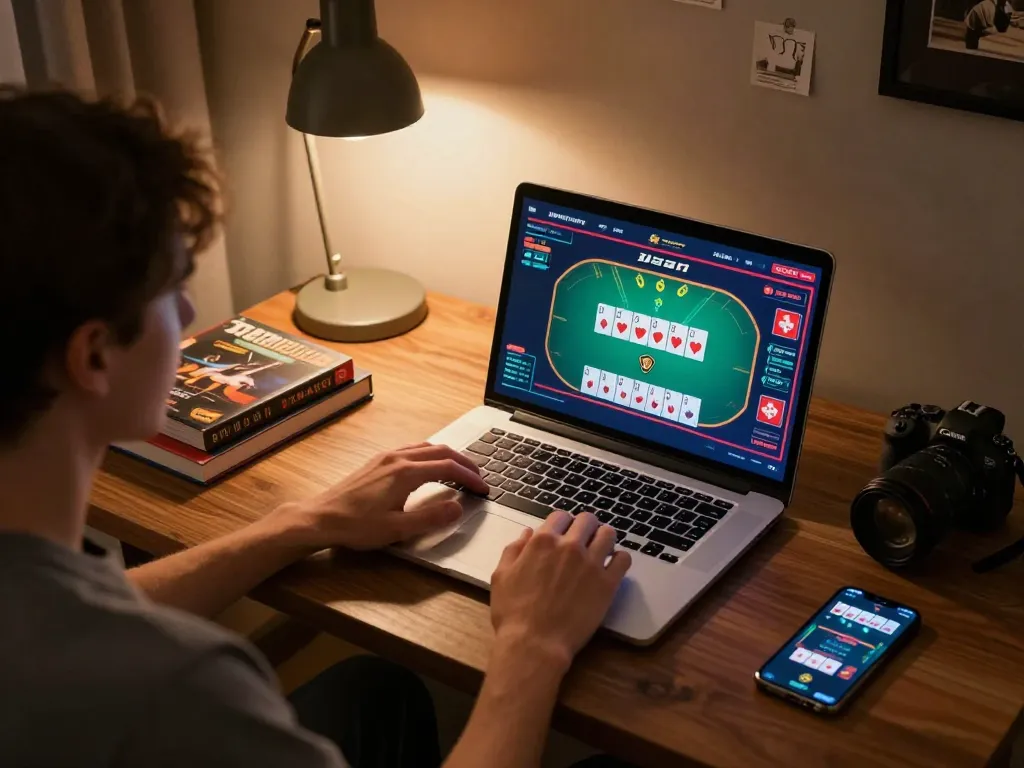 Engaging in online gambling at home using LGOSUPER site, vibrant game interface visible on screen.