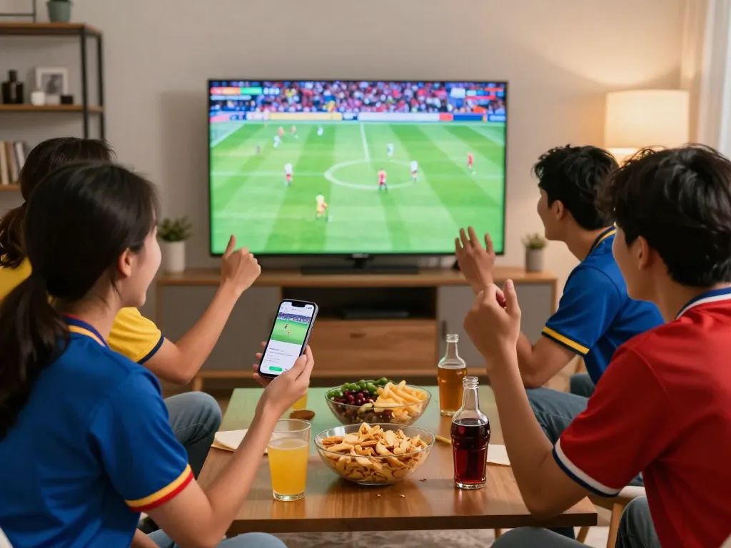 Socolive trực tiếp: Friends enjoying a thrilling soccer match with a betting app on smartphone