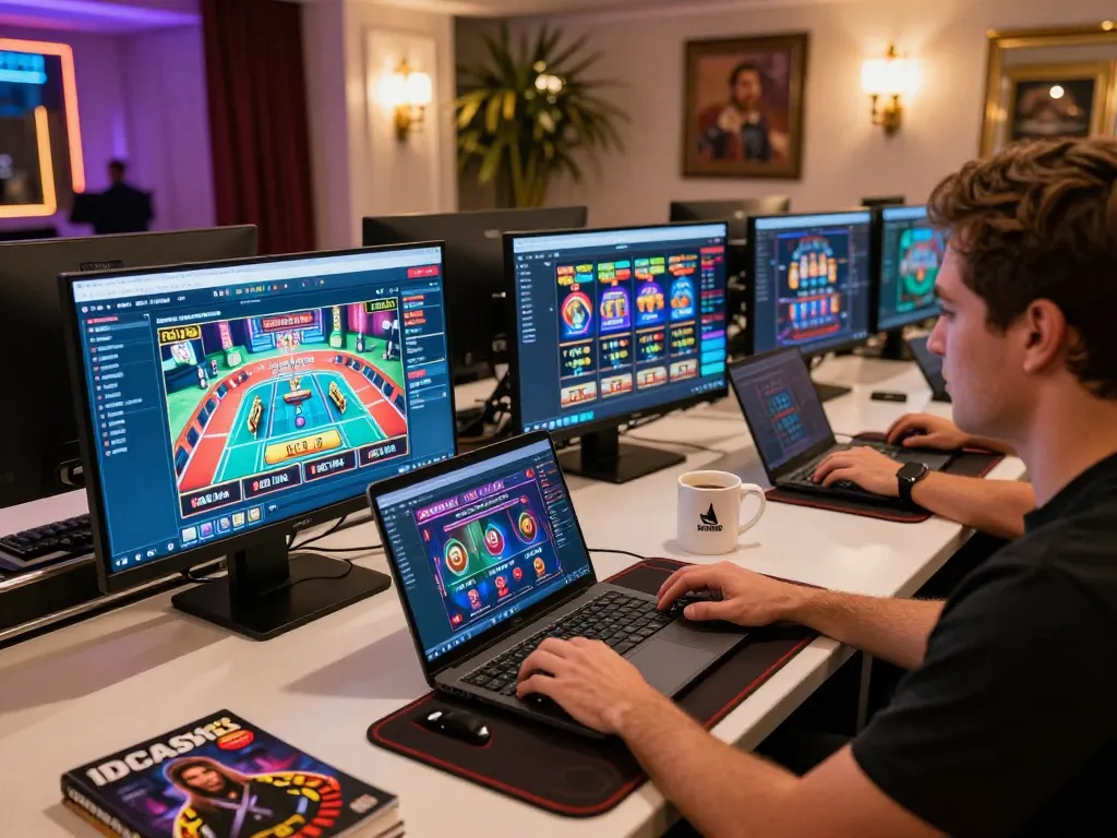 Engaging online gaming scene featuring IDCASH88 platform on multiple screens for strategic gameplay.