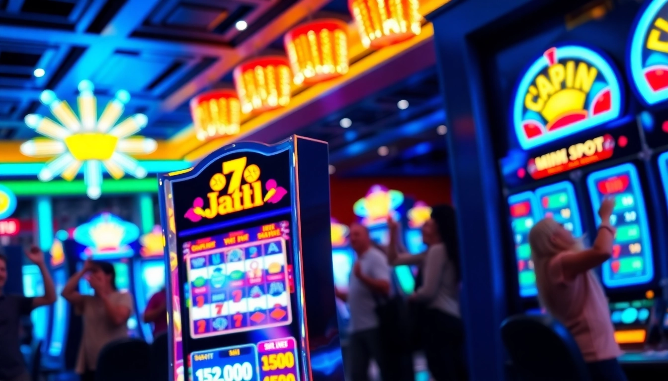 Menangkan jackpot pada slot mesin dengan pemain bersemangat di kasino.