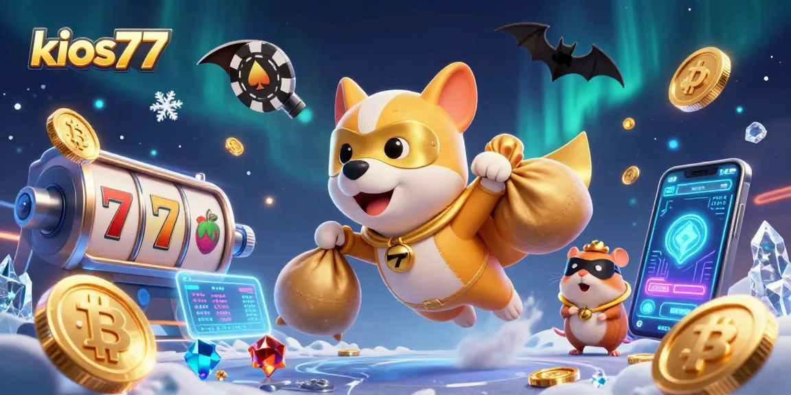 Win big with kios77! Cartoon superhero dog and sidekick amidst vibrant casino elements.