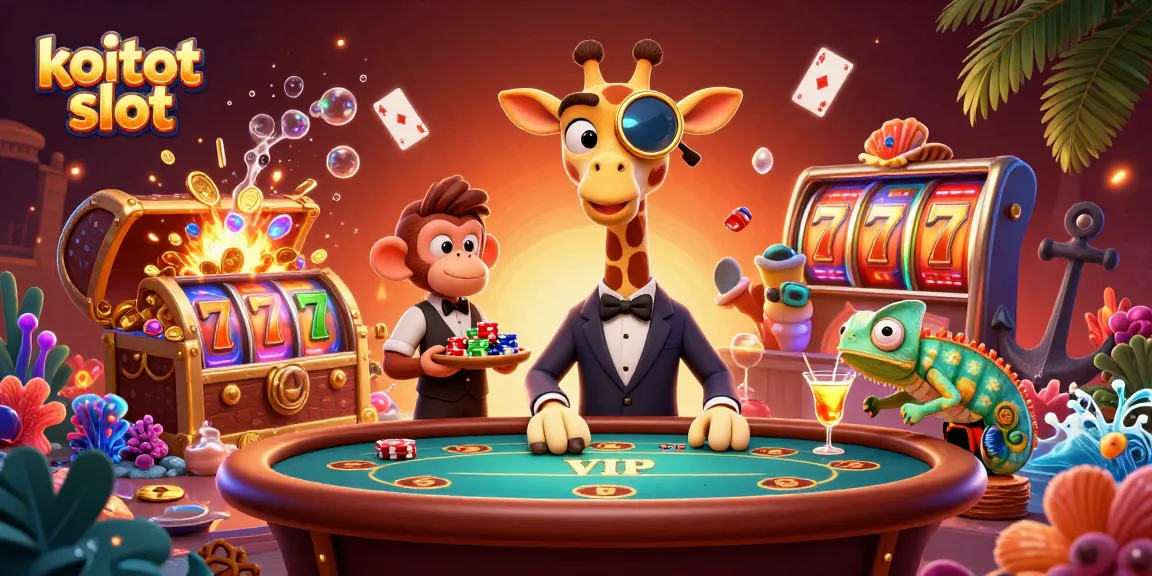 Bermain di koitot slot dengan suasana kasino yang penuh warna, slot reel berputar, dan karakter lucu.