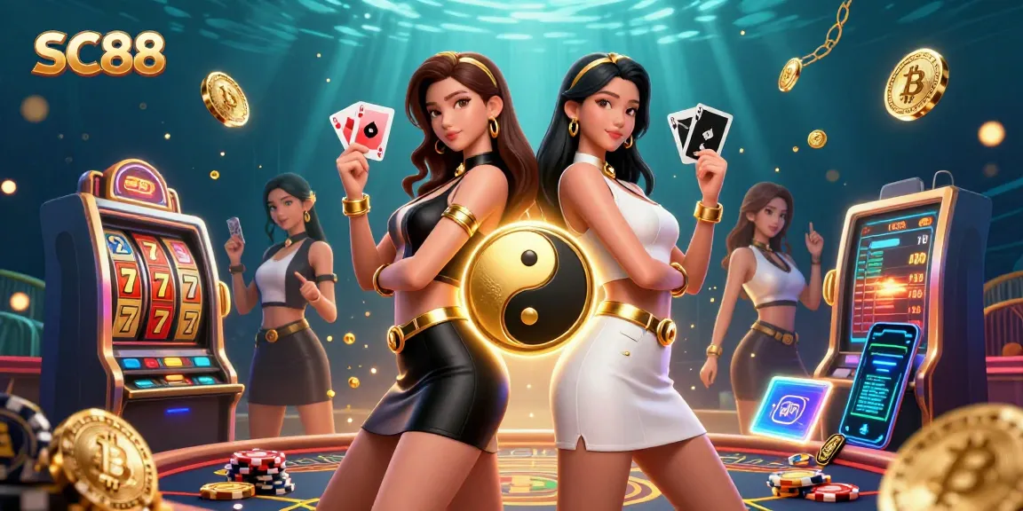 Experience thrilling gameplay at SC88 with stunning twin Asian women holding playing cards amid exciting casino elements.