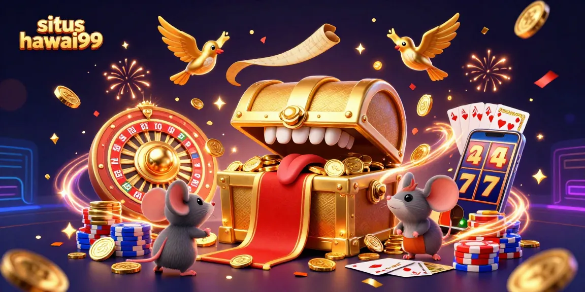 Engage in the exciting world of situs hawai99 with a dynamic 3D illustration showcasing rich game elements and vibrant visuals.