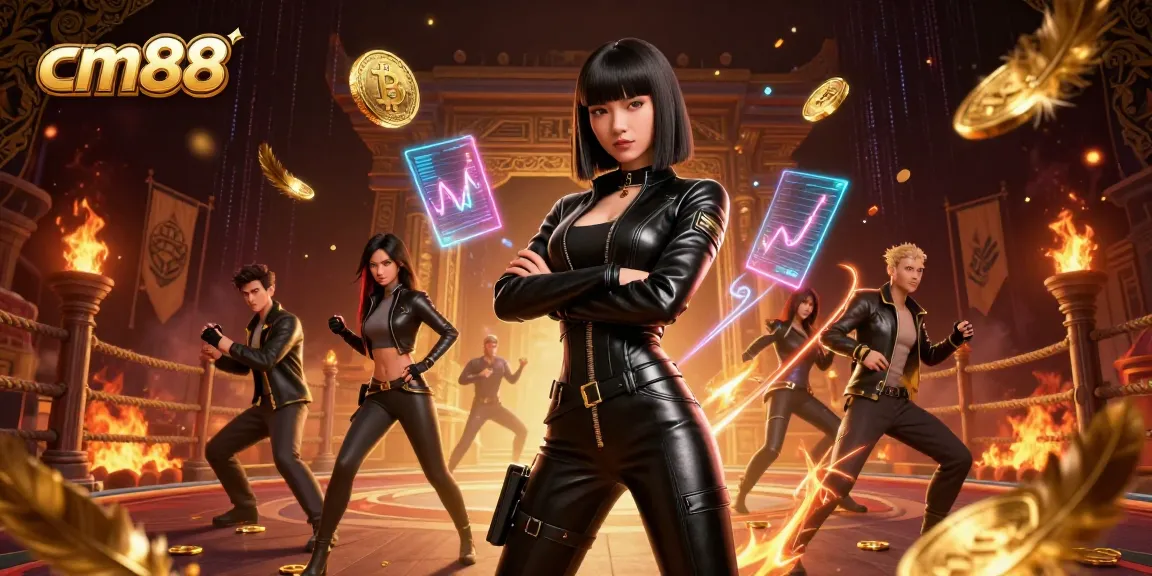 Experience thrilling gameplay at cm88 with a stunning female dealer amidst golden Bitcoin coins and a dynamic casino atmosphere.