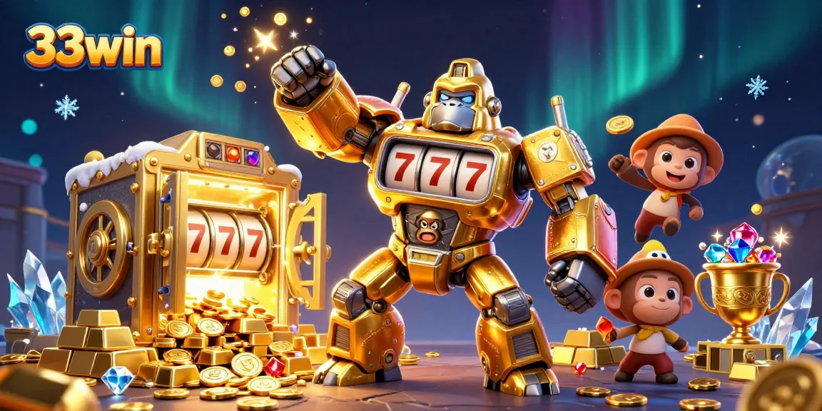 Win big with 33win at the online casino featuring a vibrant and dynamic 3D illustration.