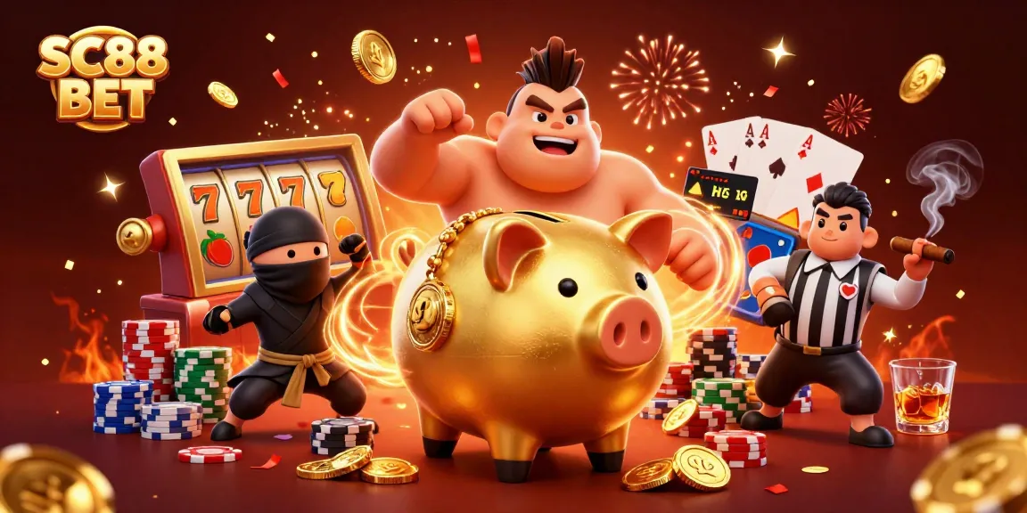 Experience winning moments with SC88 BET, a vibrant casino scene featuring a golden piggy bank and game elements.