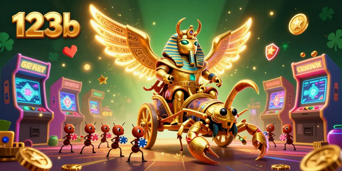 Experience excitement with 123b’s colorful scene of a golden beetle and scorpions, showcasing casino games.