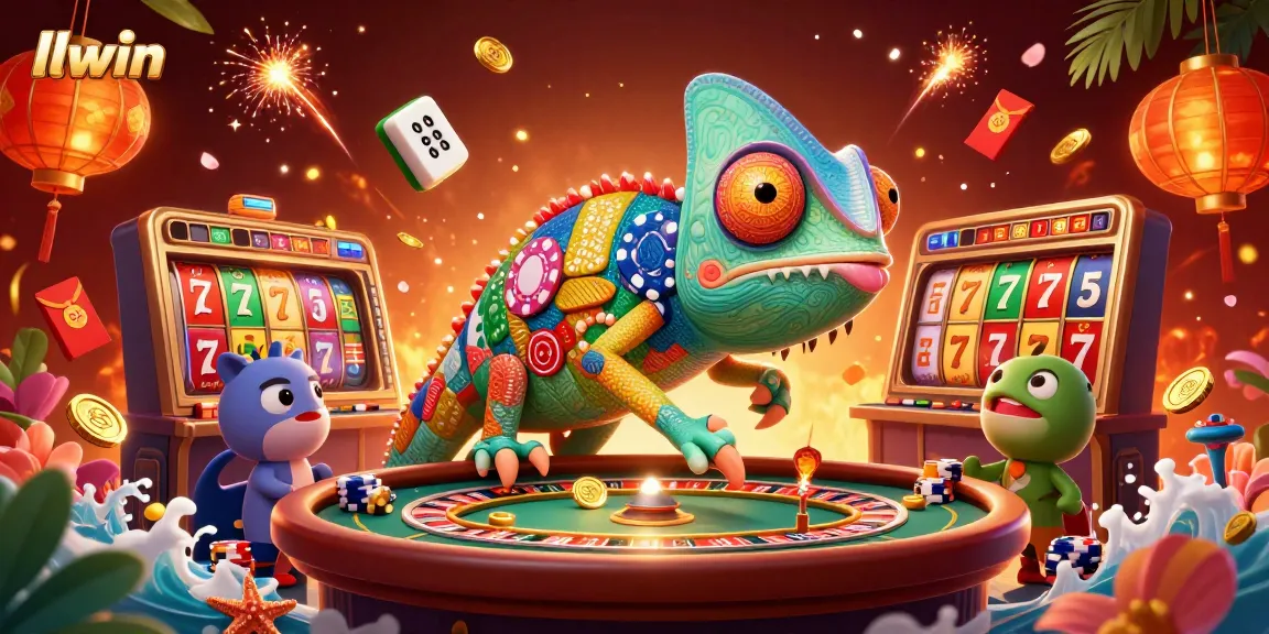 Place bets at llwin with a vibrant chameleon casino owner surrounded by rich gaming elements