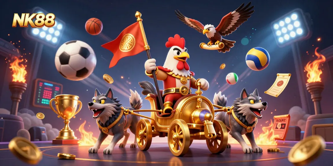 Engage with thrilling bets at NK88, featuring dynamic 3D scenes of a rooster warlord in action.
