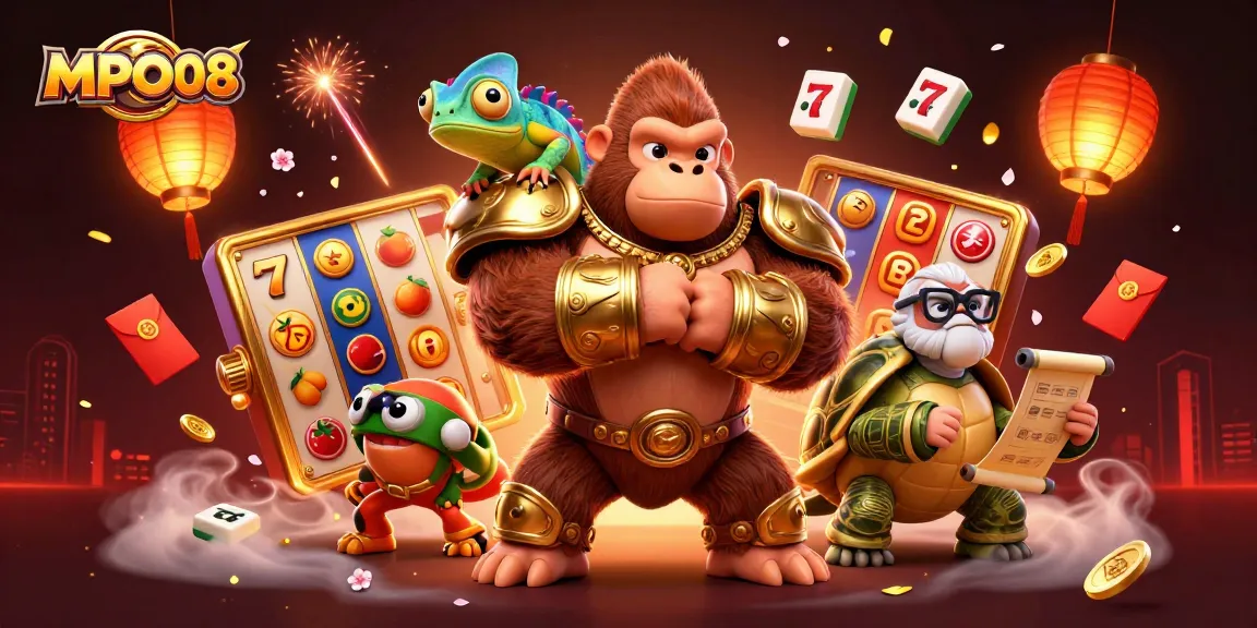 MPO08 showcases a dynamic casino scene with a gorilla king and chameleon by spinning slot reels for thrilling wins.