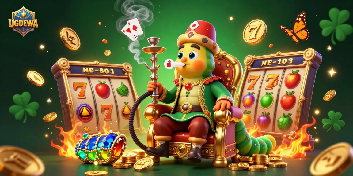 Win big with UGDEWA's vibrant 3D casino scene featuring a caterpillar hookah-master and slot symbols.