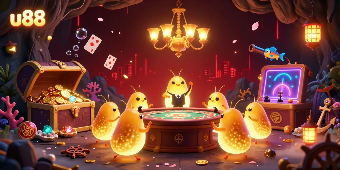 Experience u88's vibrant cave casino with bioluminescent glowworms and gold treasures lighting up your gaming adventure.