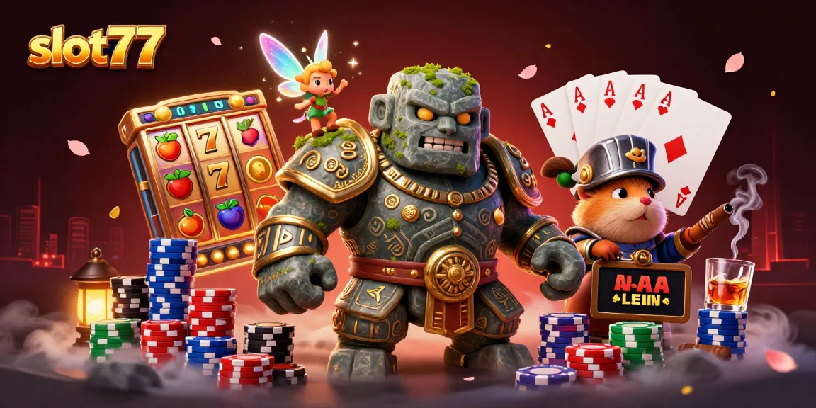 Slot77 menampilkan gameplay seru dengan mesin slot, simbol keberuntungan, dan karakter menarik dalam suasana kasino yang memukau.