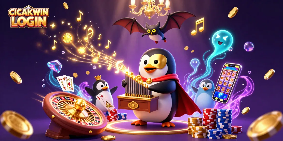 CICAKWIN LOGIN 3D scene with a cartoon penguin and magical casino elements, celebrating gaming and fun.