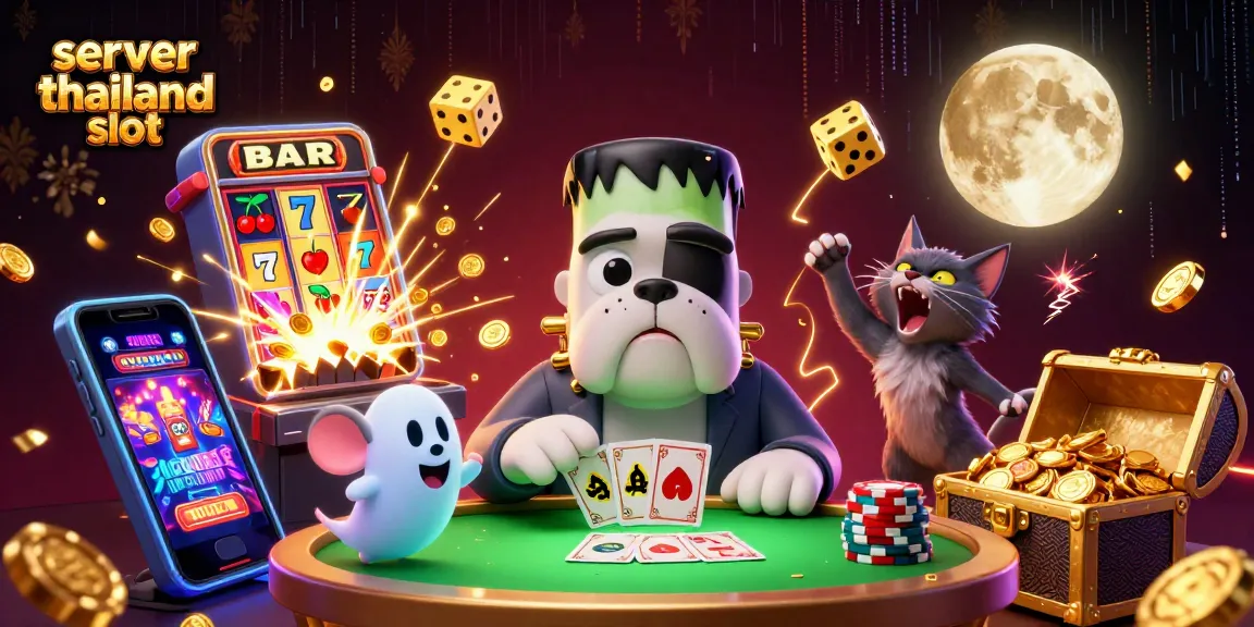 Engage in the exciting world of server thailand slot with characters dealing cards and thrilling game elements.