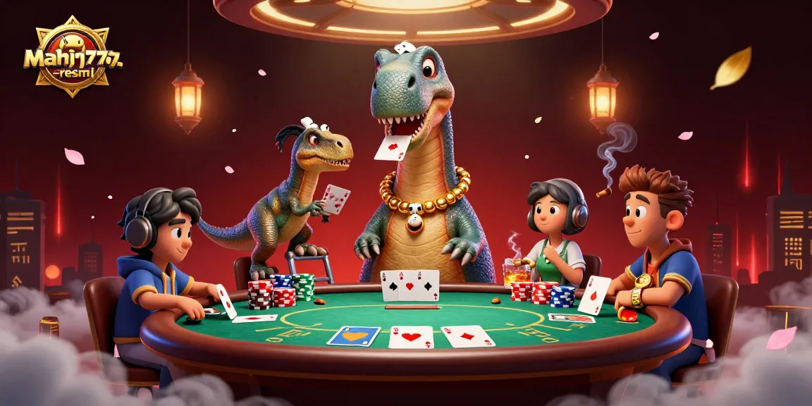 Experience thrilling gameplay at mahjong777-resmi with a vibrant casino scene featuring a brontosaurus and raptor.