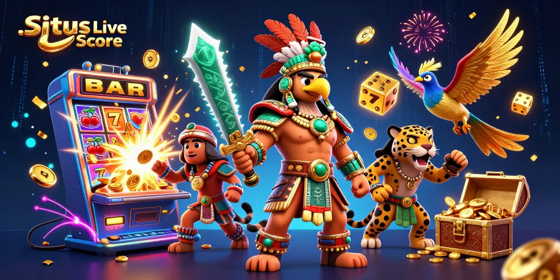 Situs Live Score showcases thrilling casino action with Aztec warriors, jackpot elements, and vibrant colors.