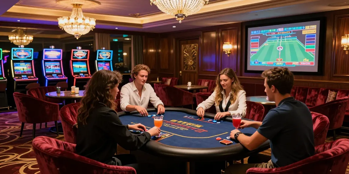 LUXURY777 ruang perjudian mewah dengan teman-teman menikmati permainan poker, suasana elegan dan cocktails di tangan.