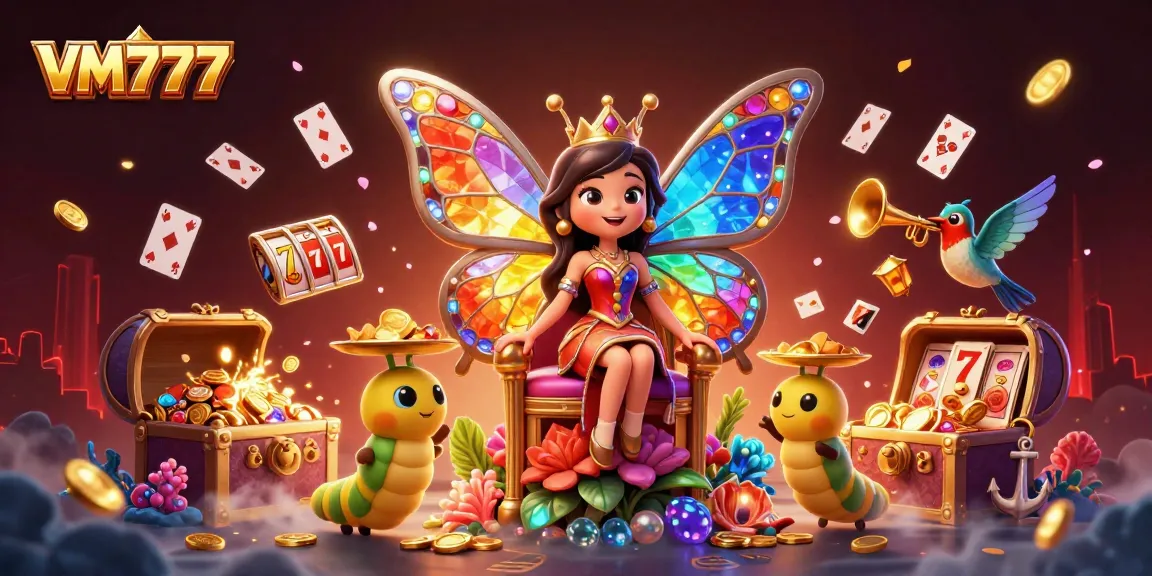 Experience the excitement of VM777 with a vibrant casino scene featuring a whimsical butterfly queen and floating gaming elements.