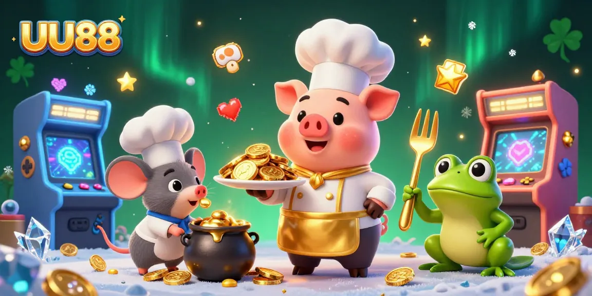 Enjoy thrilling gameplay at UU88 with a vibrant scene featuring a chef pig, cooking gold coins for eager players!