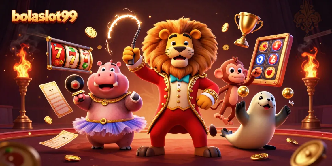 Experience the thrill of bolaslot99 with a 3D circus-themed gambling illustration.